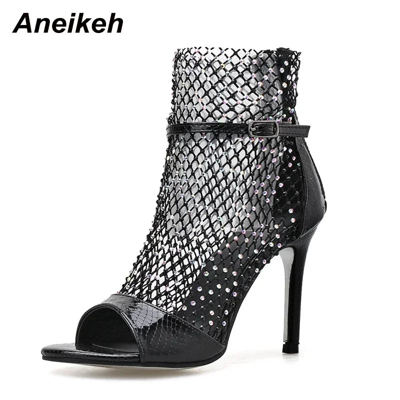Aneikeh Glitter Gladiator Air Mesh Sexy Sandals High Heel Peep Toe Stripper Zipper Party Thin Heels Pumps