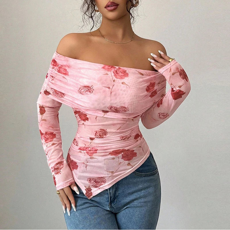 Printed Off-Shoulder Irregular Hem Top