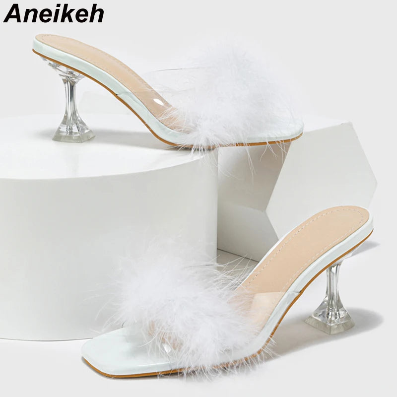 Aneikeh Feather Decorative PVC Transparent Kitten Heel Sandals
