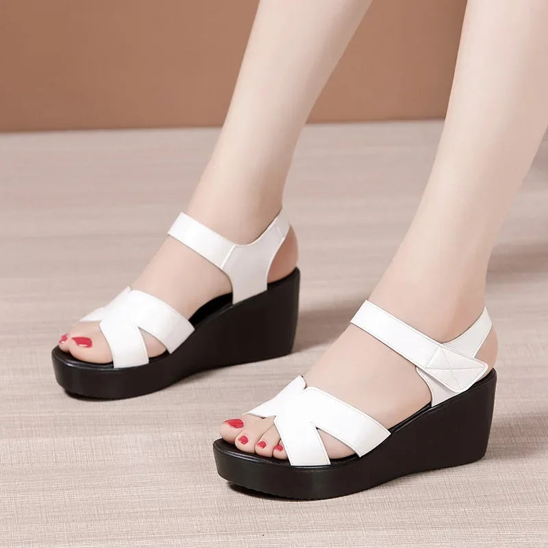 Soft Leather Med Heel Wedge Sandals for Office Beach Plus Size 33-43