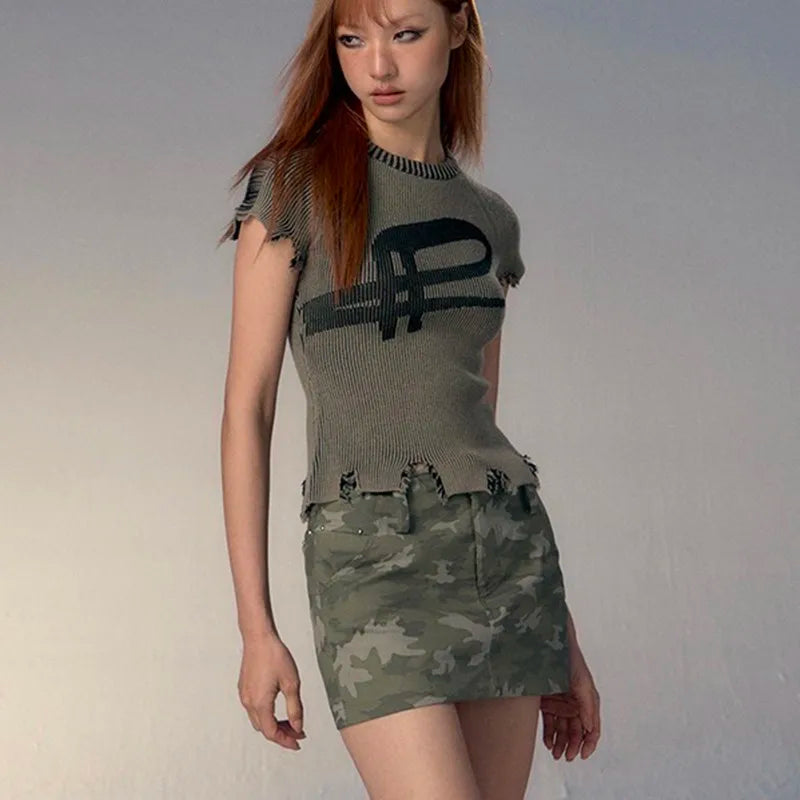 Grunge Distressed Ribbed Crop Top