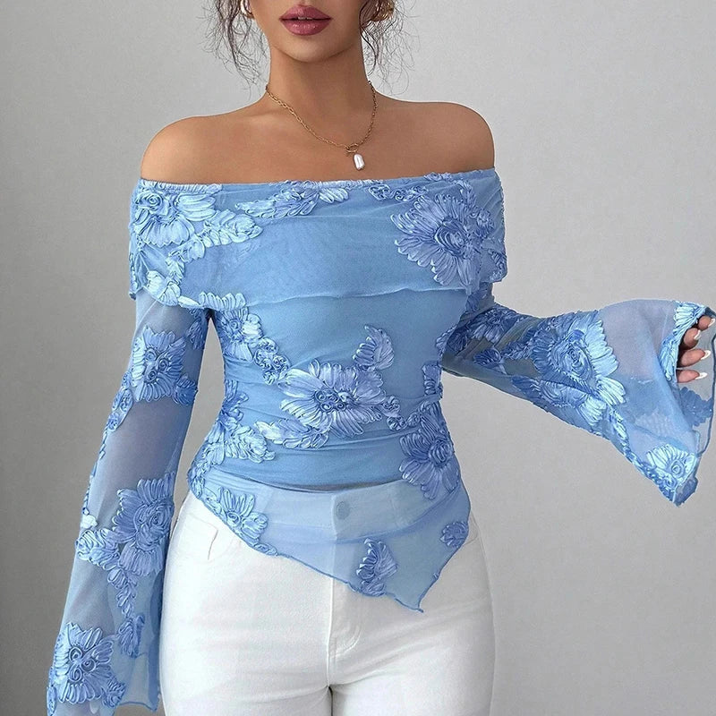 Printed Off-Shoulder Irregular Hem Top