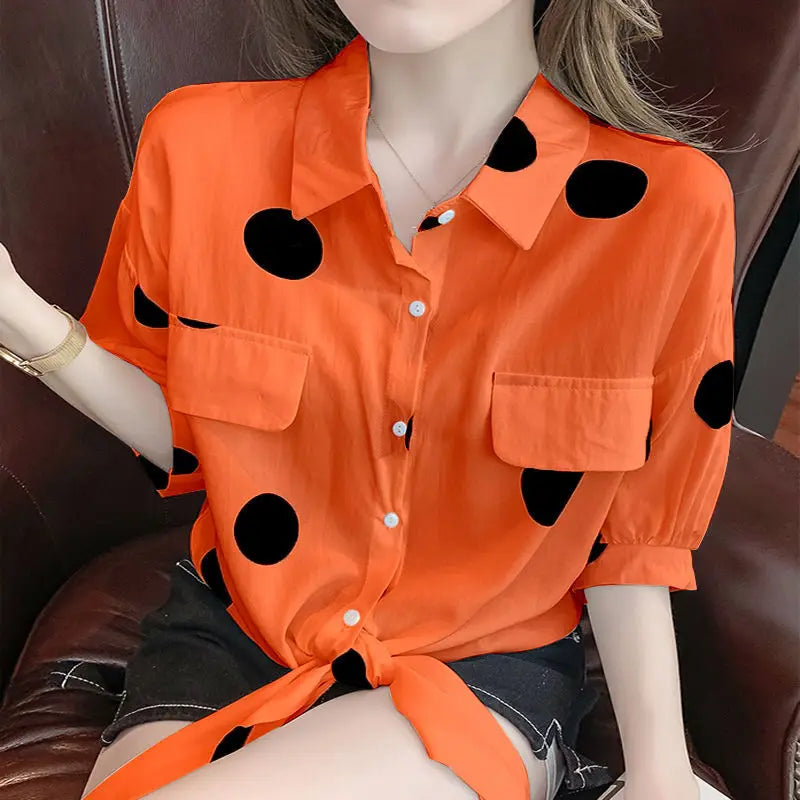Polka Dot Bow Tie Oversized Blouse