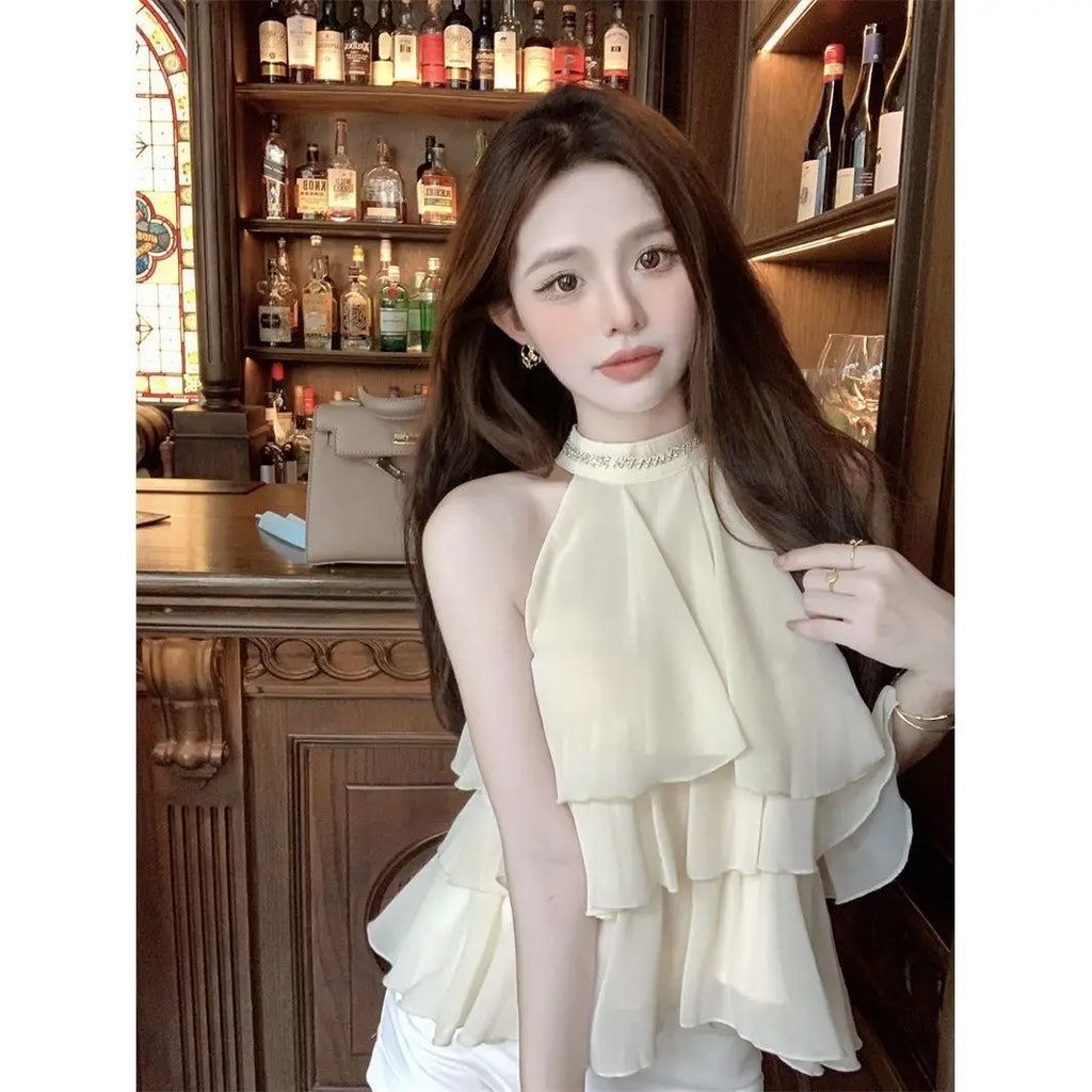 Tiered Ruffle Chiffon Halter Blouse