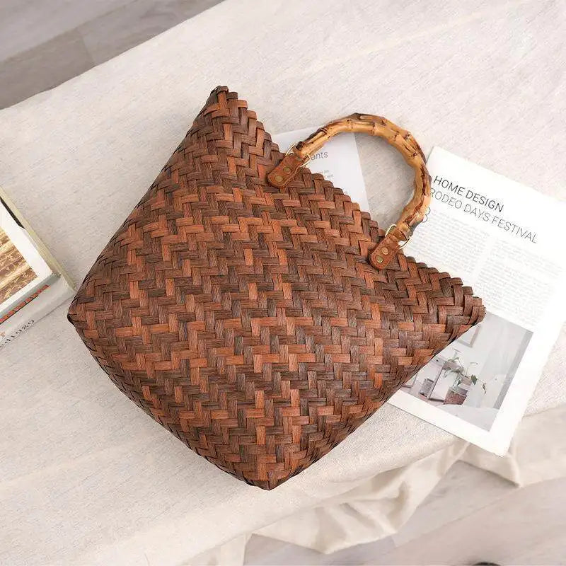 Vintage Rattan Woven Basket Bag with Bamboo Handle