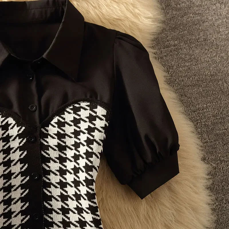 Houndstooth Polo Collar Puff Sleeve Top