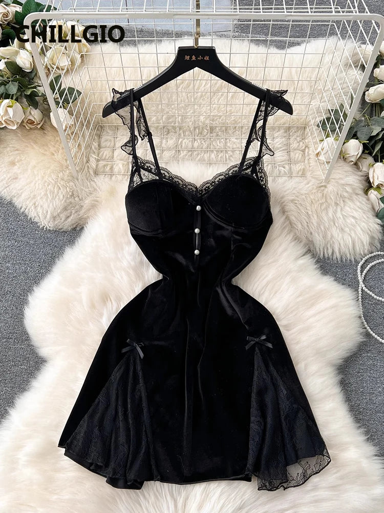 Beaded Velour Lace Patchwork Slip Dress
