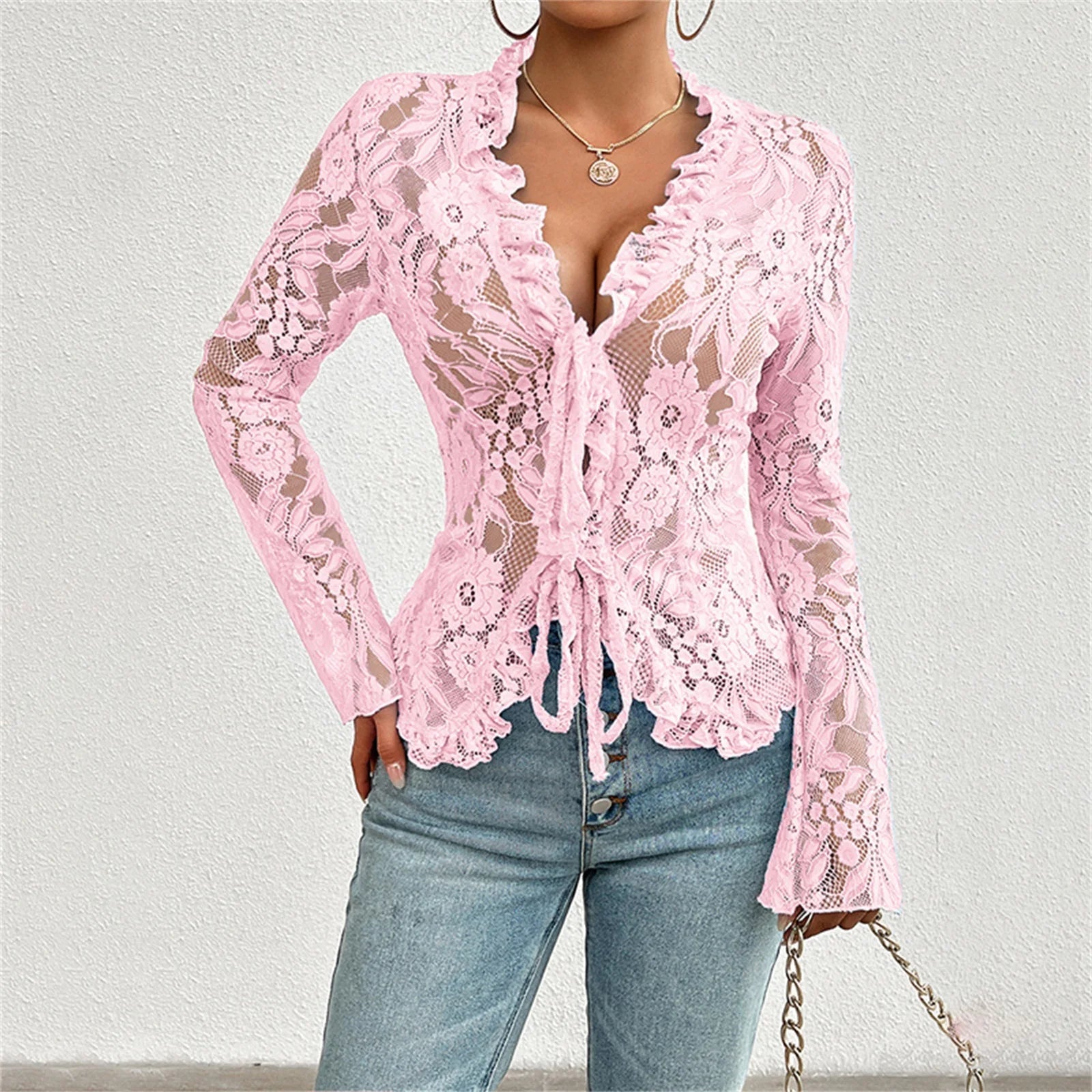 Sheer Mesh Lace Tie-Front Top