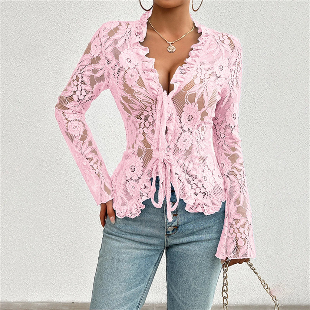 Sheer Mesh Lace Tie-Front Top