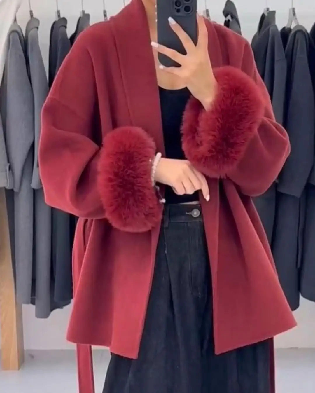 Fur Patchwork Woolen Short Coat Fashion Solid Lace Up Lapel Furry Belt Long Sleeve Loose Jacket  2025 New Autumn Winter Cardigan