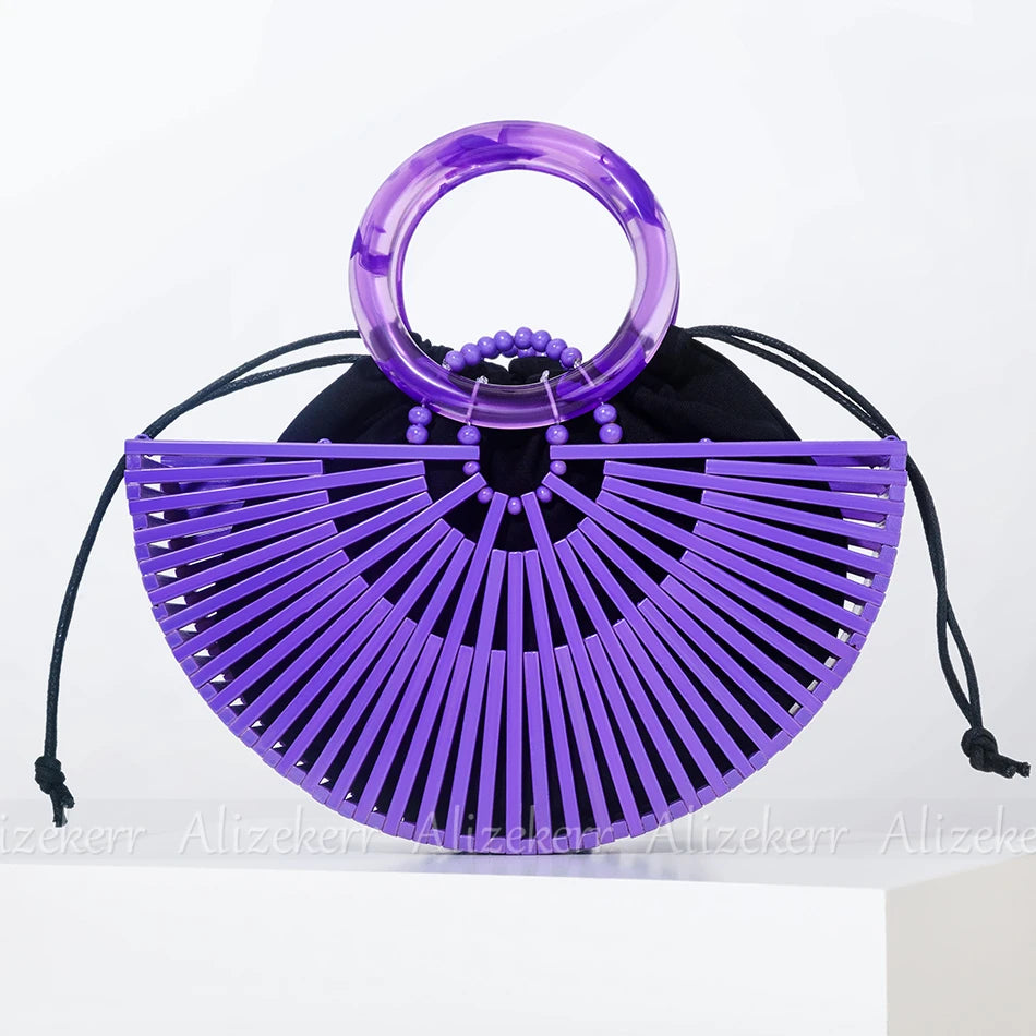 Vintage Half Round Bamboo Beach Bag with Acrylic Handle