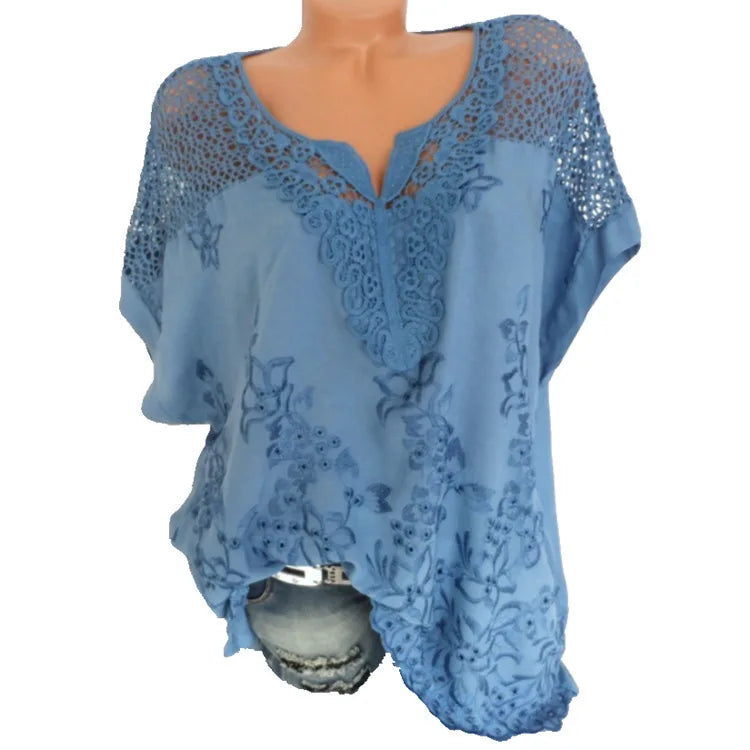 White Lace Patchwork Short Sleeve Blouse