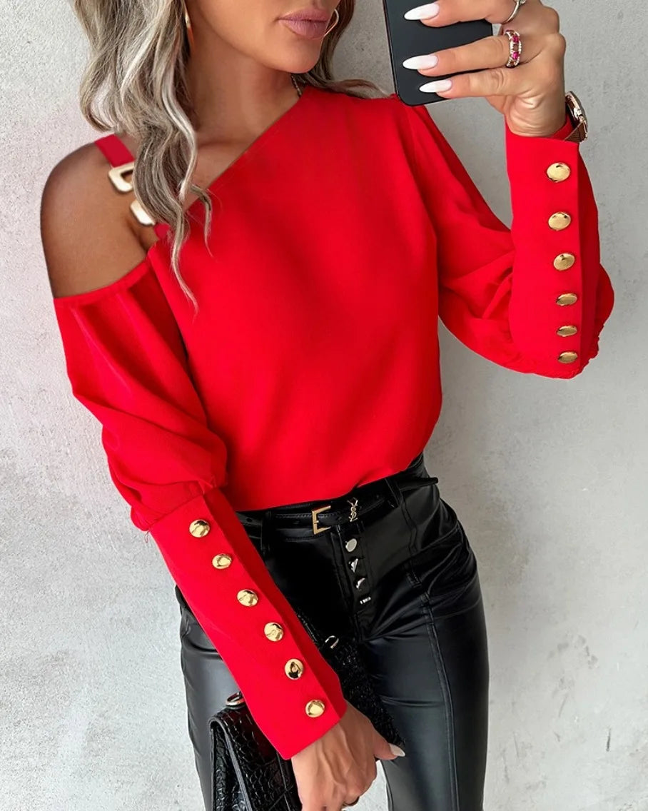 Lantern Sleeve Button Splicing Blouse