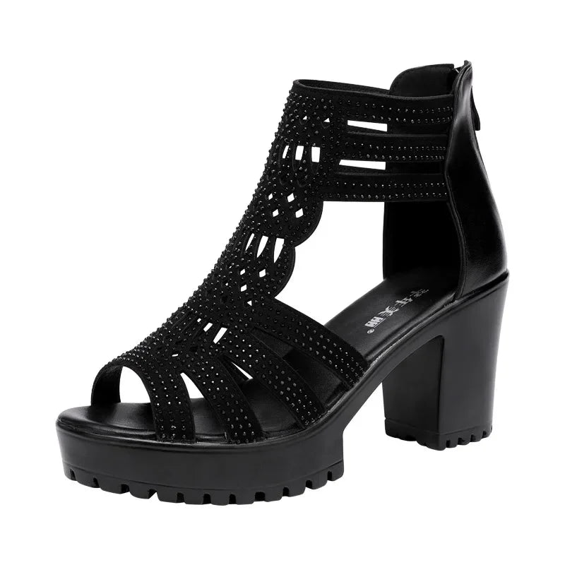 Rhinestone Wedding Platform Sandals Block High Heels Size 32-43