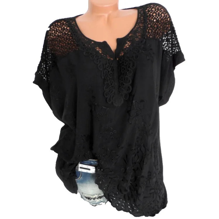 White Lace Patchwork Short Sleeve Blouse