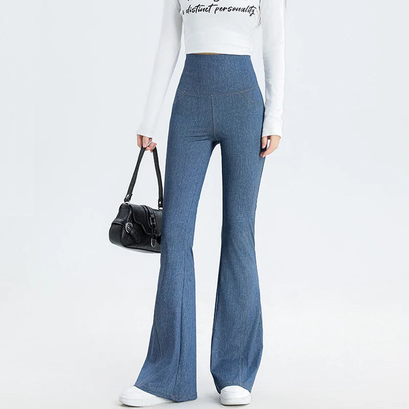 BIVIGAOS 2025 Spring New Jeans Flared Leggings Pants Women High Waist Pocket Stretch Fitness Leggings Slim Tight Sexy Jeggings