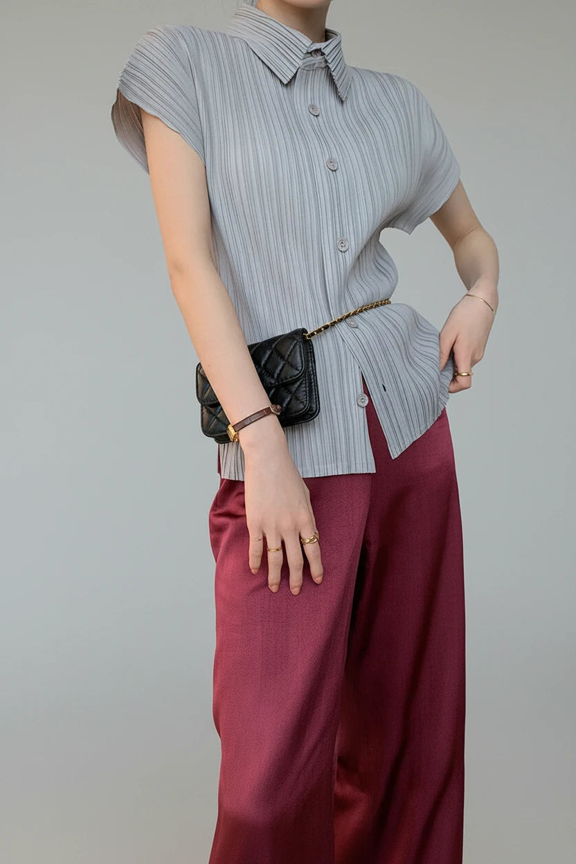 Miyake Pleated Short Sleeve Polo Cardigan