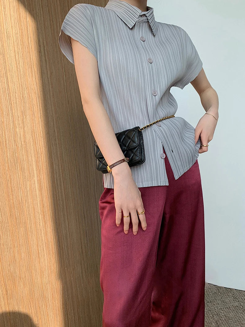 Miyake Pleated Short Sleeve Polo Cardigan