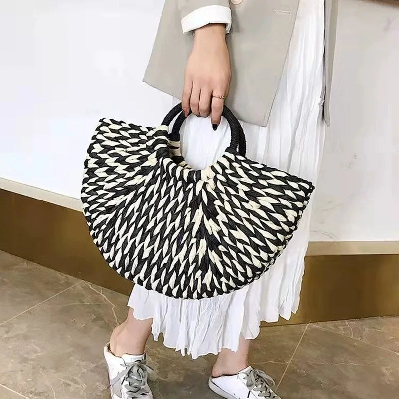 Round Bucket Straw Rattan Handbag for Women