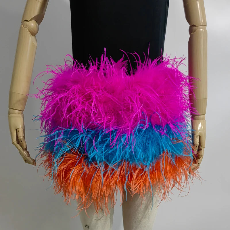 True ostrich feather Multicolor Mini Skirt Elastic Waist  Sexy Clothing Club Party Dance Rave Short Skirt Note select 3 colors