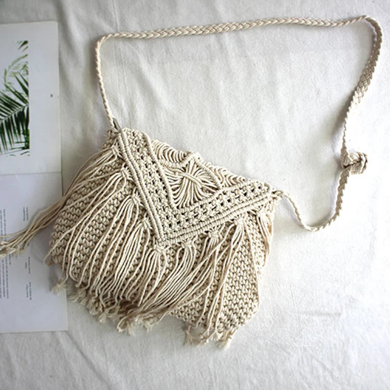 Handmade Cotton Woven Tassel Crossbody Bag for Women