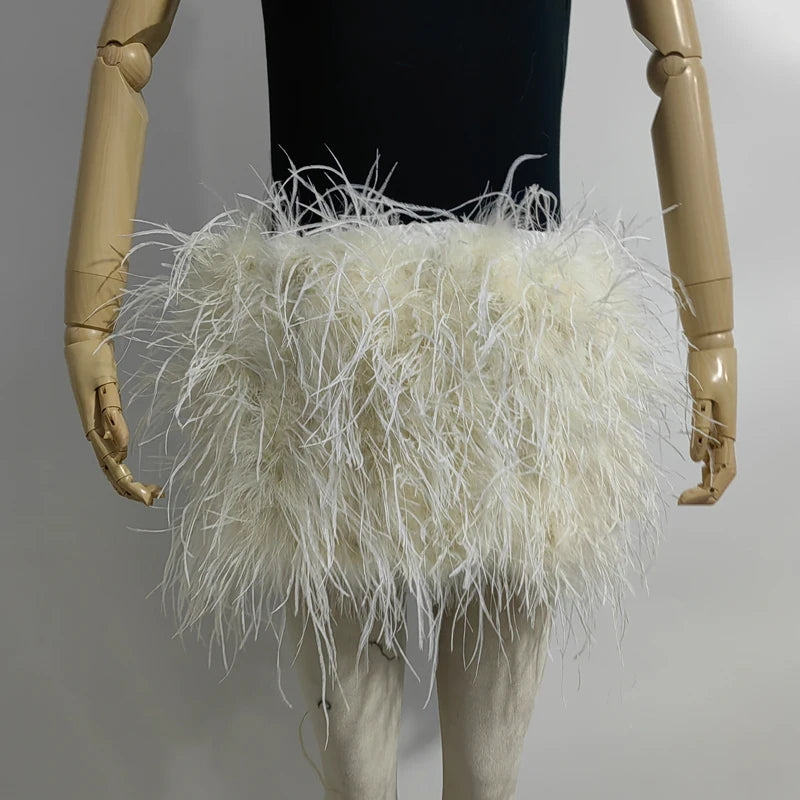 True ostrich feather Multicolor Mini Skirt Elastic Waist  Sexy Clothing Club Party Dance Rave Short Skirt Note select 3 colors