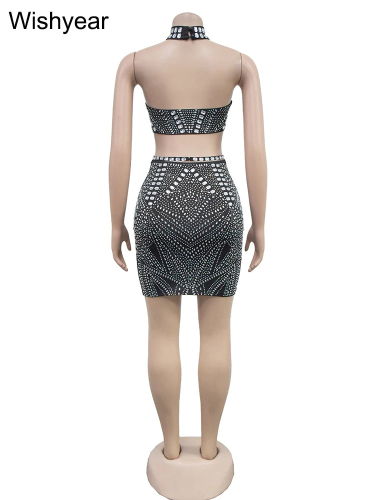 Rhinestone Halter Backless Crop & Mini Skirt Set