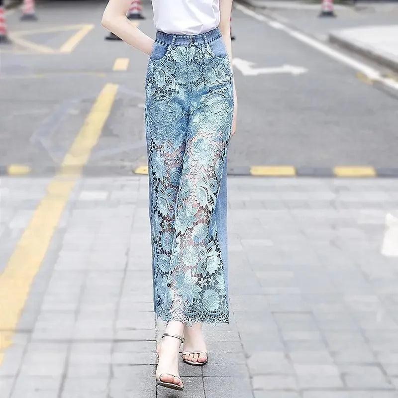 Lace Patchwork Hollow Out Loose Jeans