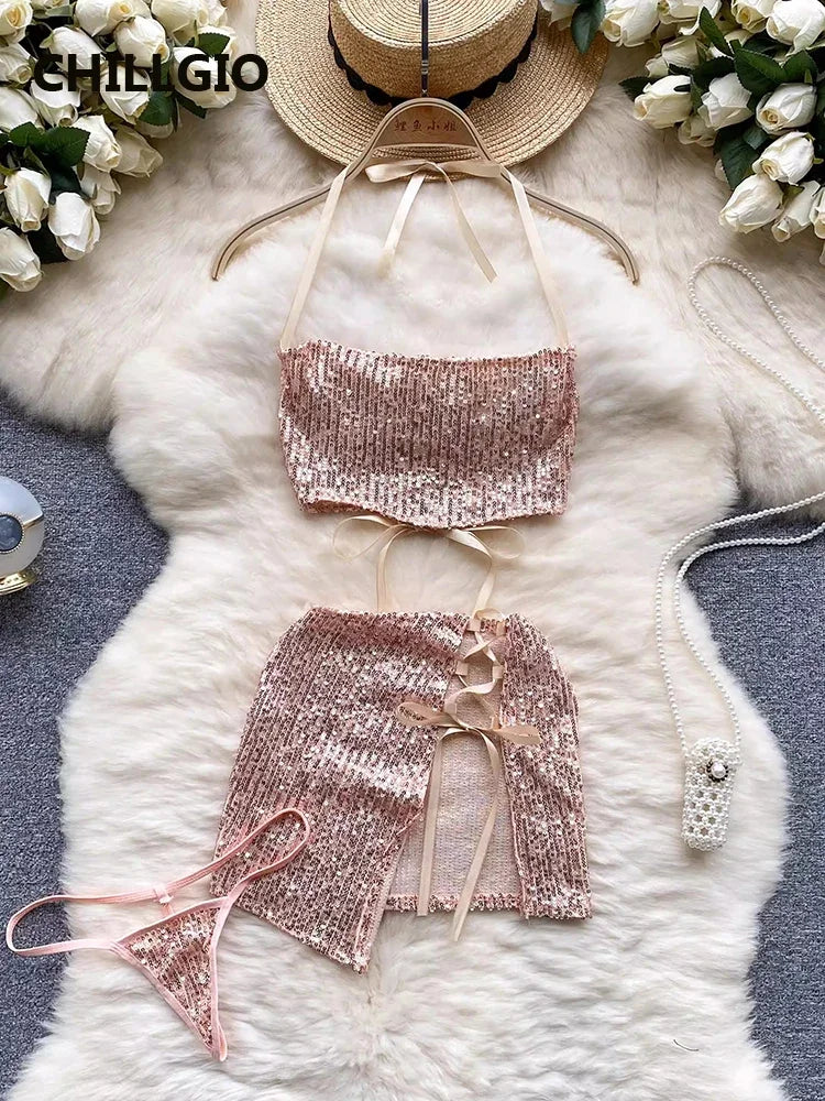 CHILLGIO Women Sexy Glitter Sequins Split Skirts Suits Casual Sleepwear Tight Camisole Mini Skirt Fashion 3 Pieces Pajamas Sets