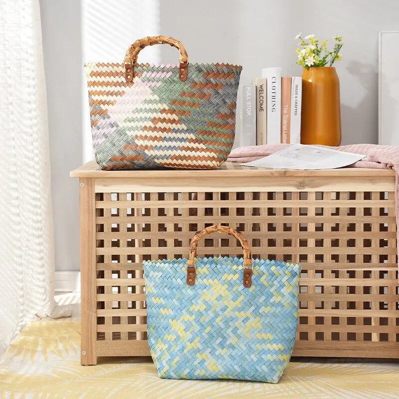 Vintage Rattan Woven Basket Bag with Bamboo Handle