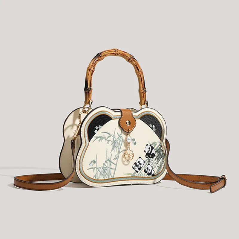 Panda Embroidery Handbag with Bamboo Handle