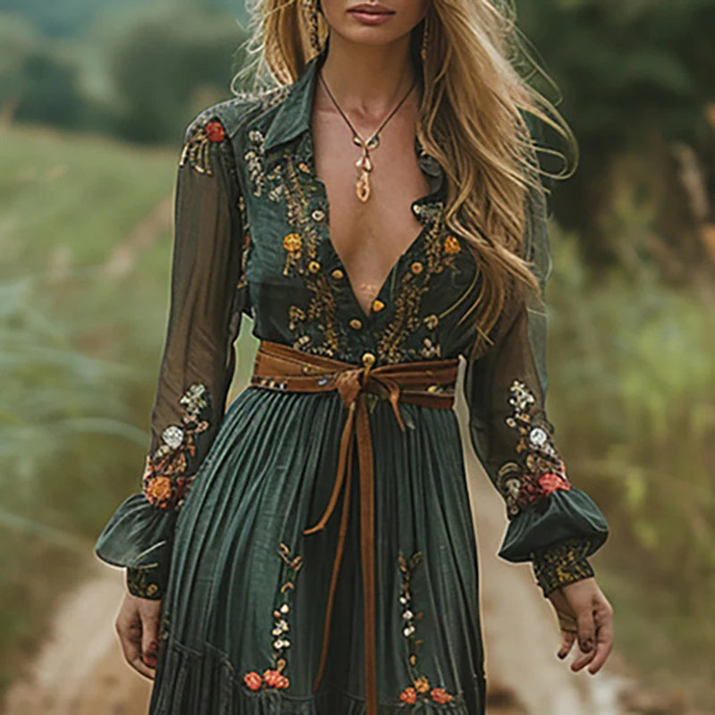 Floral Print Pleated Boho Maxi Dress