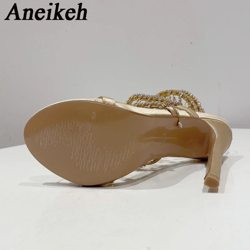 Aneikeh Silk Rhinestone String Bead Ankle Strap High Heel Sandals