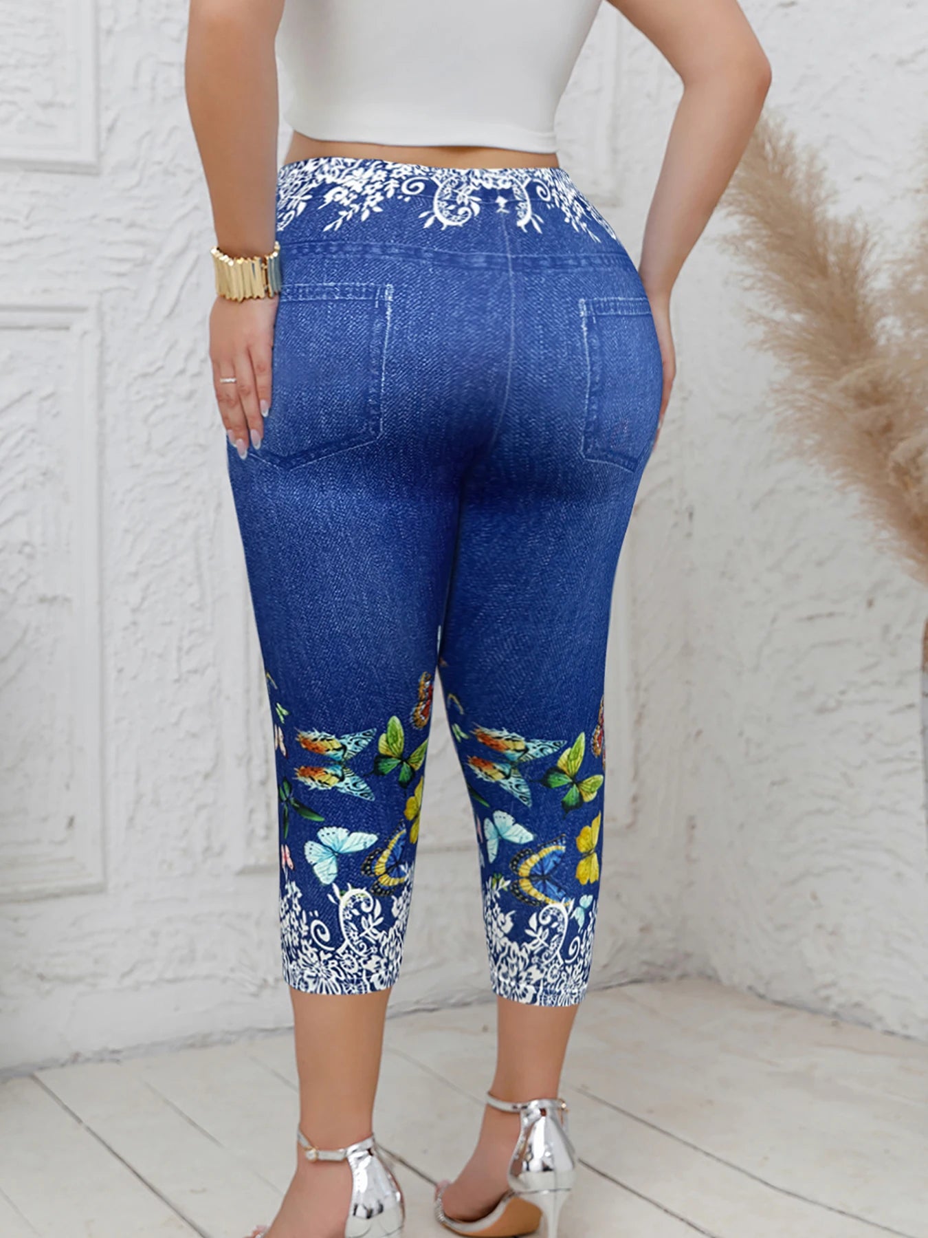 Butterfly Print Denim-Look Capri Leggings