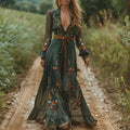 Floral Print Pleated Boho Maxi Dress