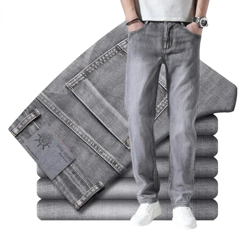 2024 Cotton Stretch Jeans Business Casual Men's Thin Denim Jeans Grey Spring Summer Brand New Fit Straight Lightweight