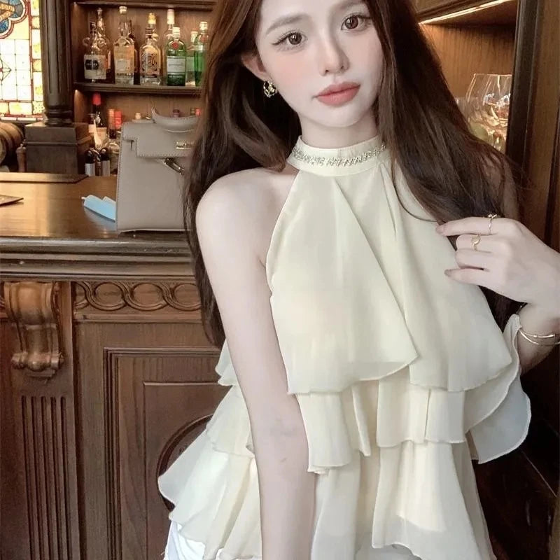 Tiered Ruffle Chiffon Halter Blouse