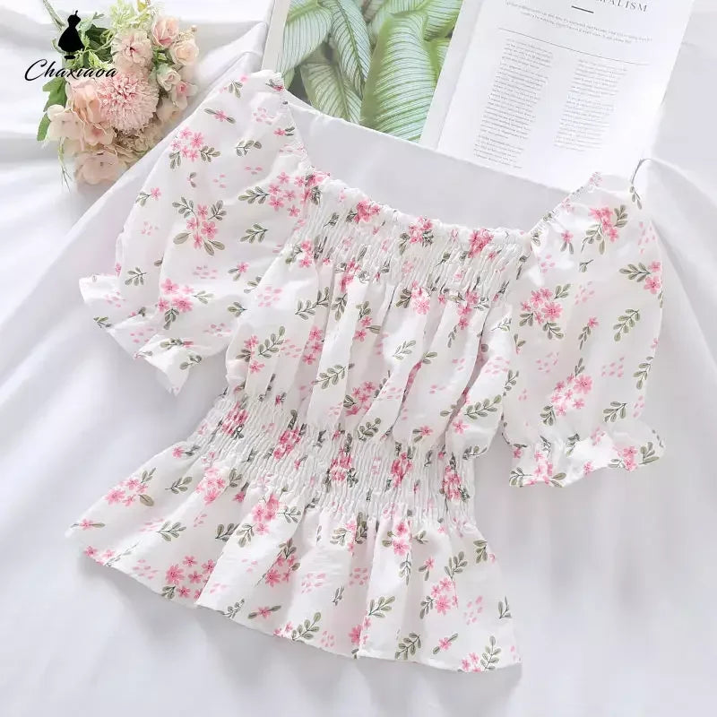 Floral Slash Neck Ruffle Crop Blouse