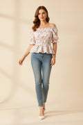 Floral Slash Neck Ruffle Crop Blouse