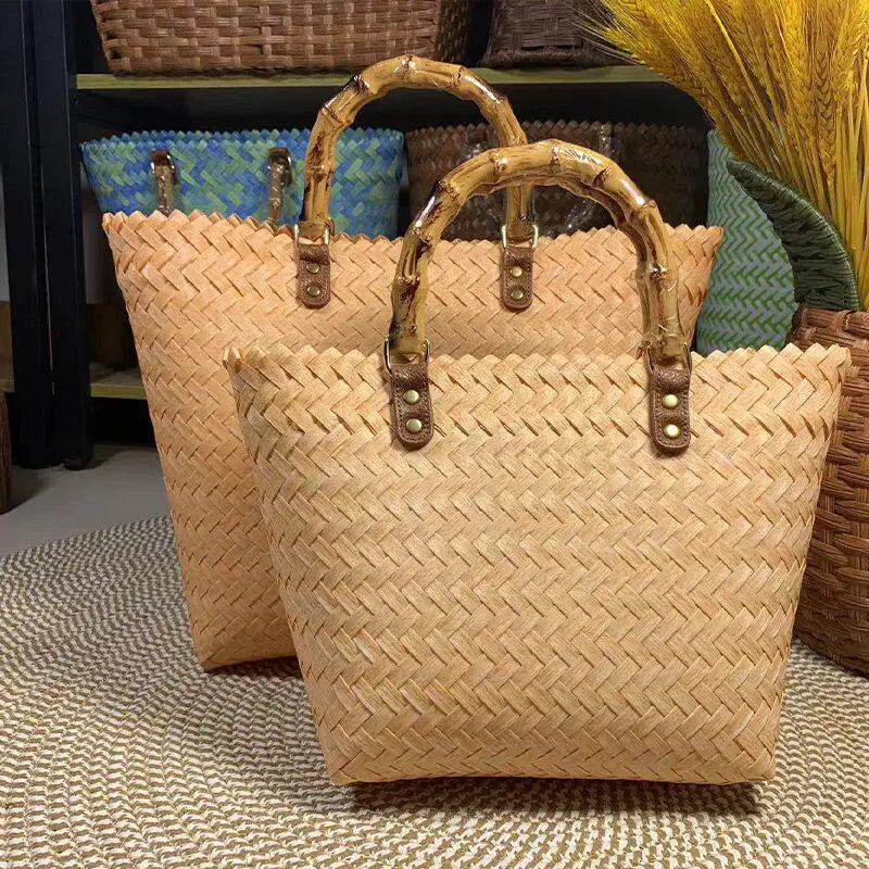 Vintage Rattan Woven Basket Bag with Bamboo Handle
