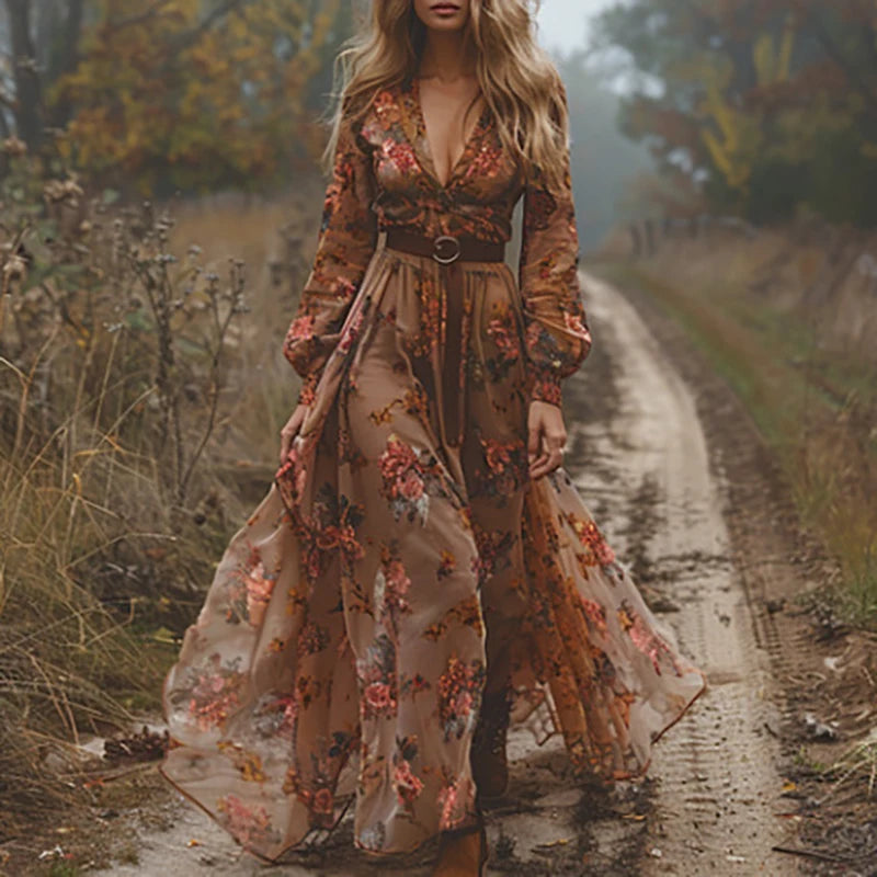 Floral Print Pleated Boho Maxi Dress