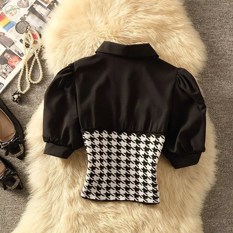 Houndstooth Polo Collar Puff Sleeve Top