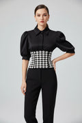 Houndstooth Polo Collar Puff Sleeve Top