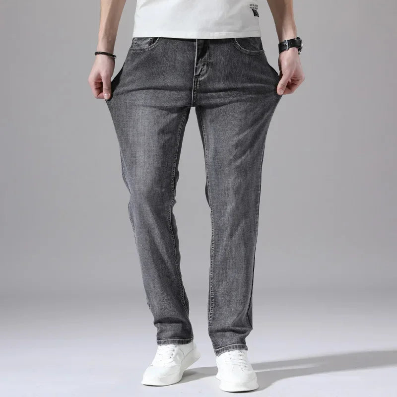 2024 Cotton Stretch Jeans Business Casual Men's Thin Denim Jeans Grey Spring Summer Brand New Fit Straight Lightweight
