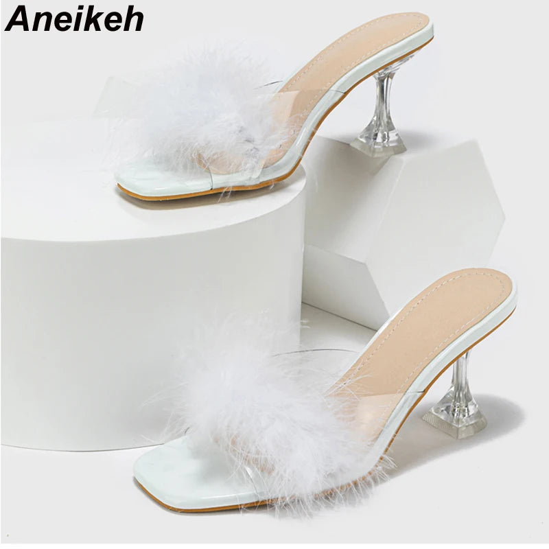 Aneikeh Feather Decorative PVC Transparent Kitten Heel Sandals