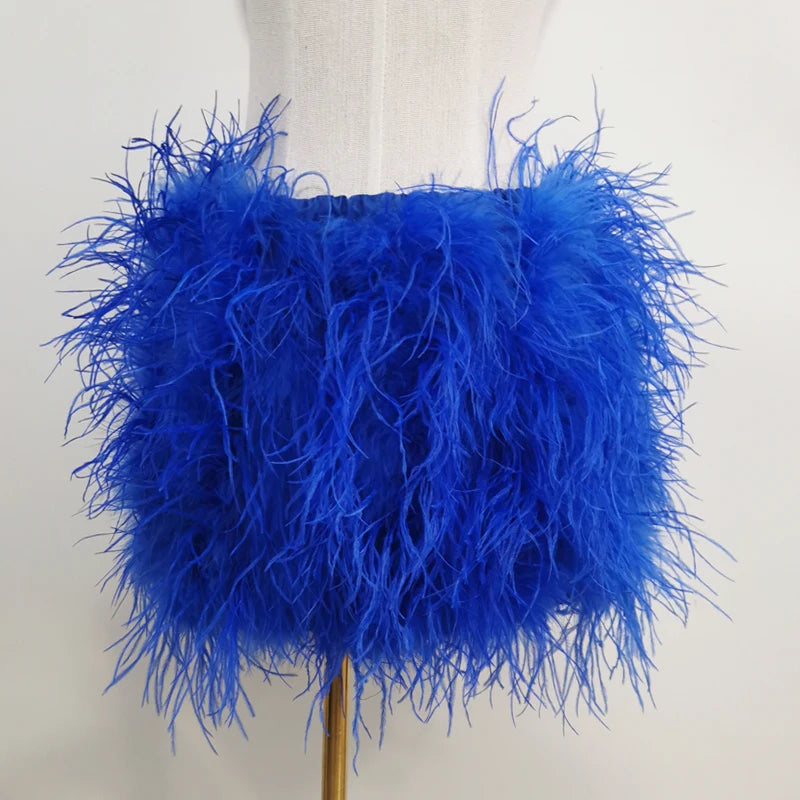 True ostrich feather Multicolor Mini Skirt Elastic Waist  Sexy Clothing Club Party Dance Rave Short Skirt Note select 3 colors