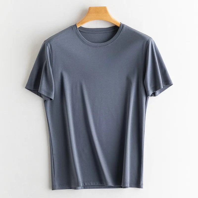 Birdtree 7% Silk 62% Cotton Short Sleeve T-Shirt Men Thin Loose Breathable Basic Solid Cultural T-Shirt 2024 Summer T41479QC