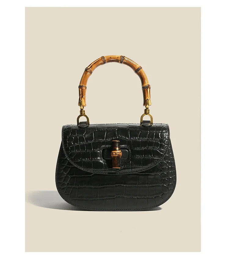 Vintage Bamboo Leather Crossbody Satchel for Women