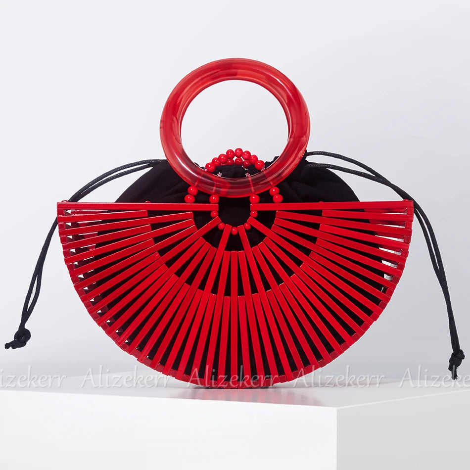 Vintage Half Round Bamboo Beach Bag with Acrylic Handle