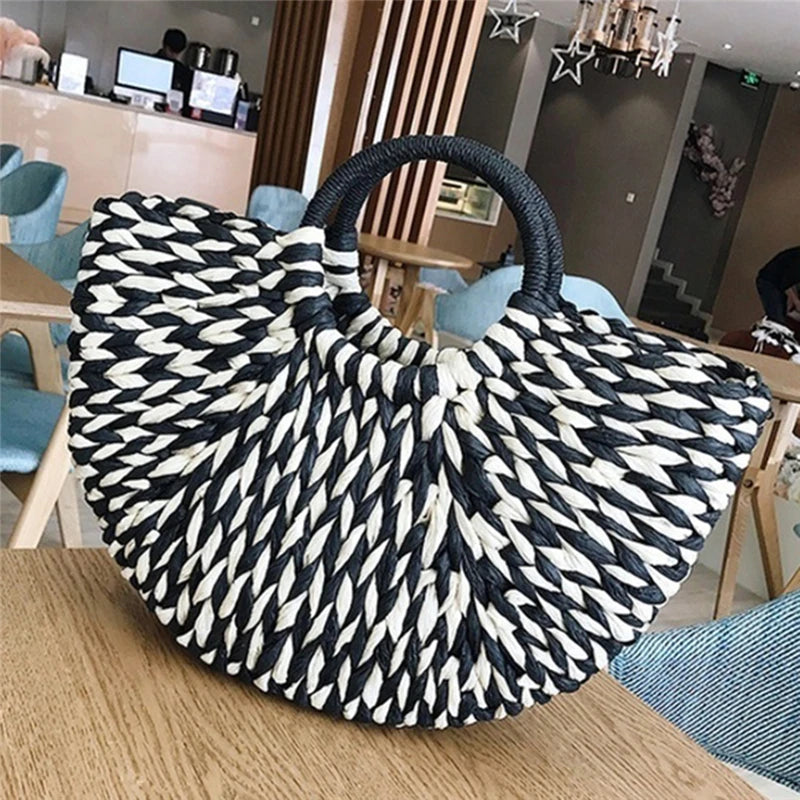 Round Bucket Straw Rattan Handbag for Women